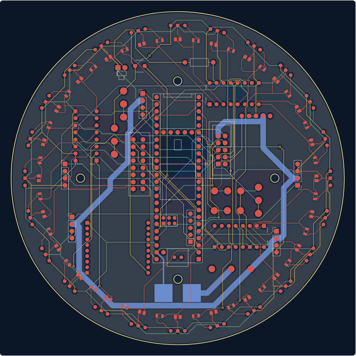 All four copper layers of the round main board, drawn from its KiCad file: red top traces, blue bottom traces and inner layers in gold and green, with a ring of sensor pads near the edge.