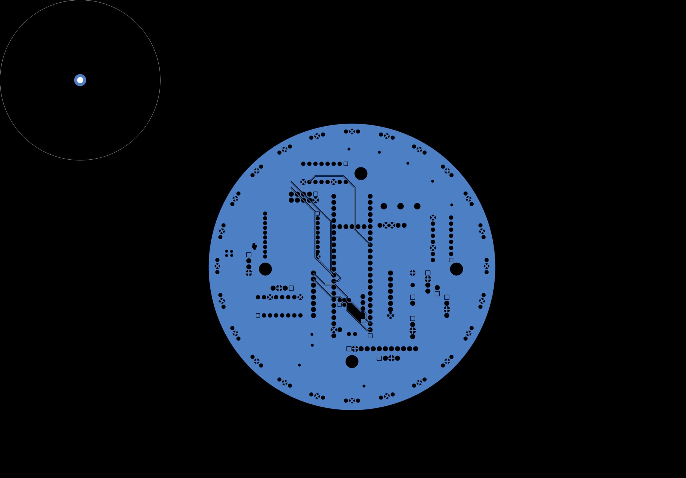 KiCad A4 drawing sheet with a circular blue copper pour full of white through-hole pads.