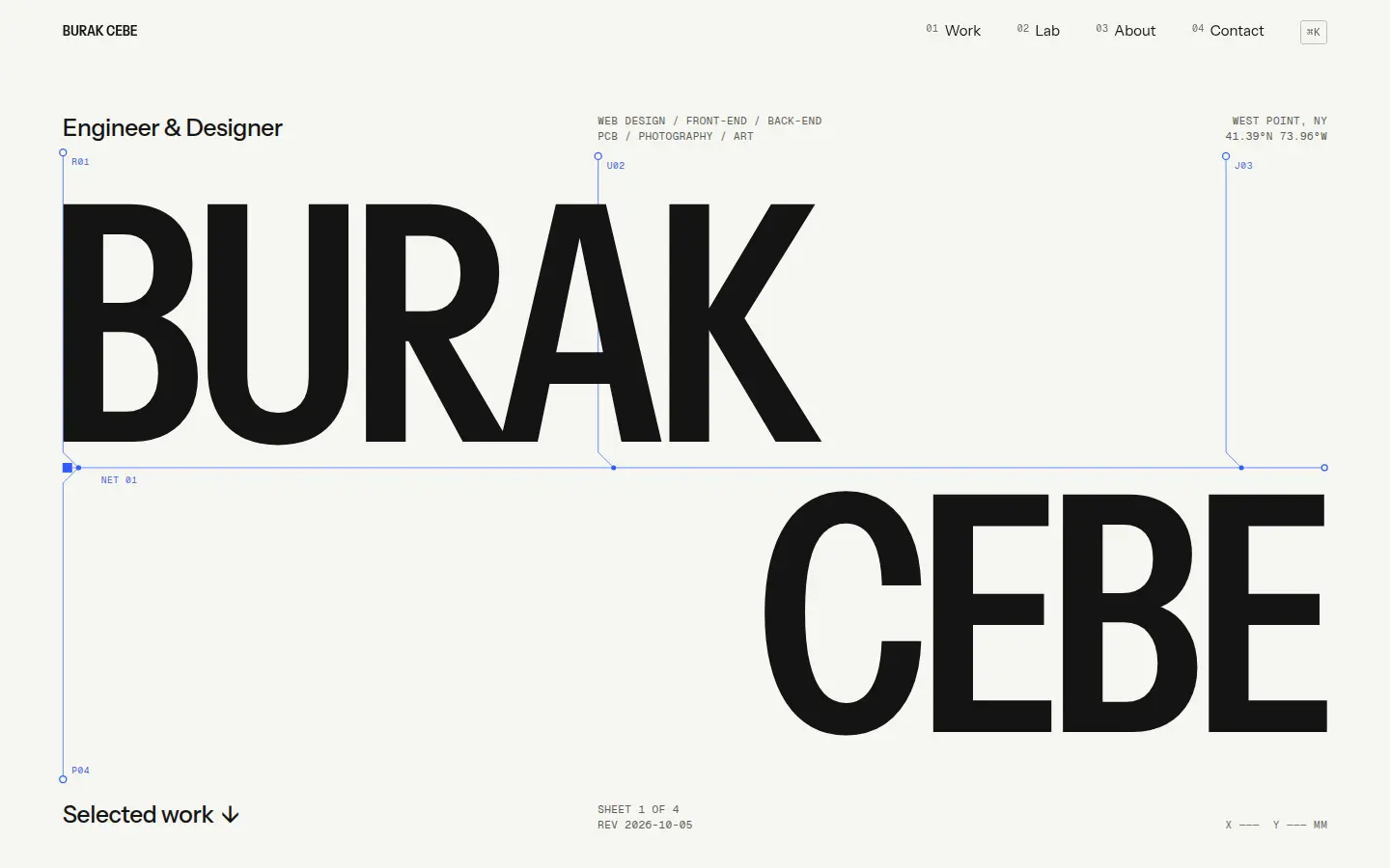 Screenshot of this site's home page at 1440 pixels: the name BURAK CEBE set very large on warm paper, with a thin blue schematic bus running between the two words.