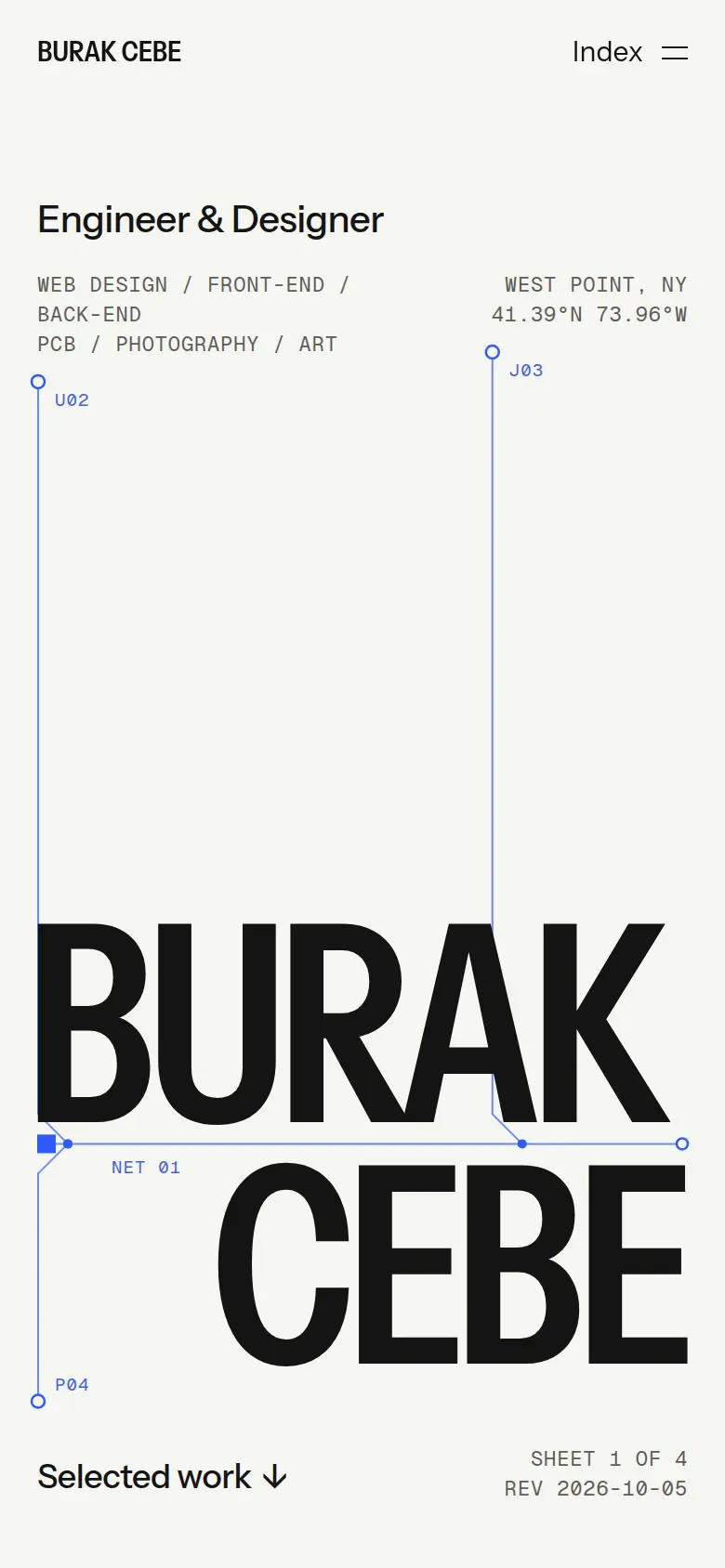 Screenshot of the home page on a 390 pixel wide phone: the name stacked as a poster.