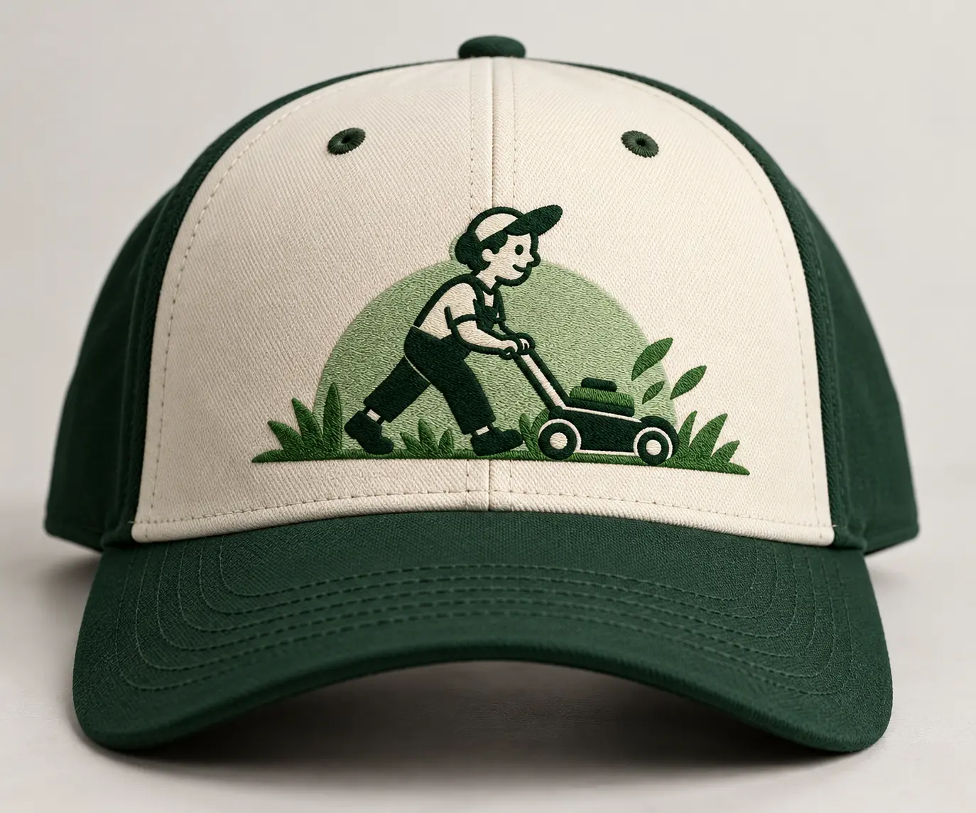 Mockup of a cream and green cap embroidered with the mower illustration.