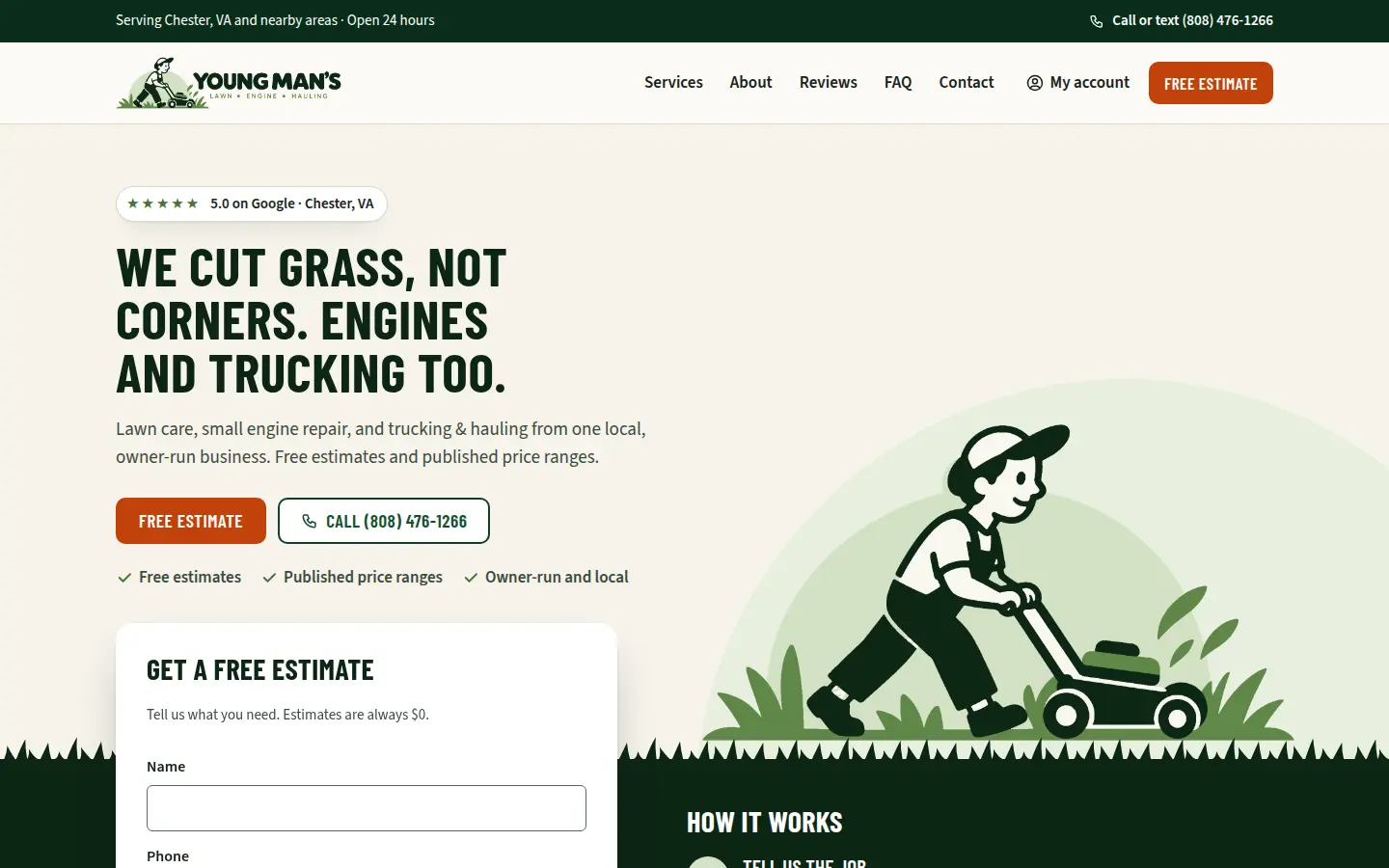 Young Man's Services home page at desktop width: a bold uppercase headline, 'We cut grass, not corners. Engines and trucking too.', orange Free Estimate and green Call buttons, and an illustration of a young man pushing a lawn mower.