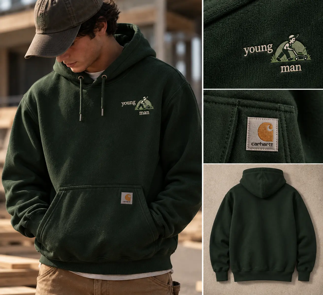 Mockup of a dark green work hoodie with a small young man chest logo, shown worn, in close-up and flat.