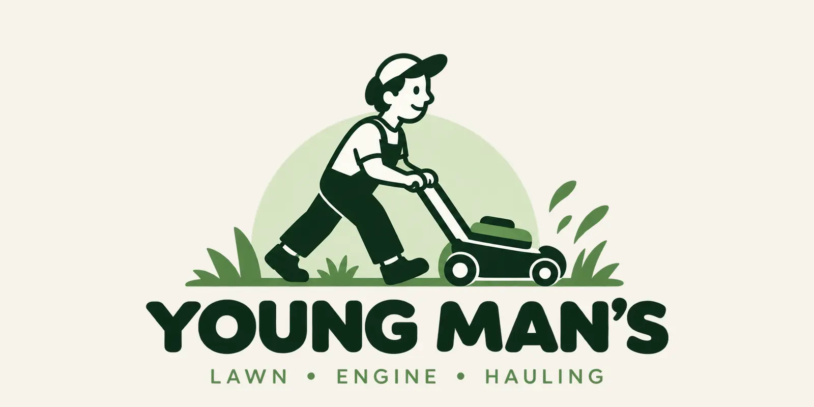 Young Man’s logo: a boy in a cap pushing a lawn mower over a pale green hill, above the name and Lawn, Engine, Hauling.