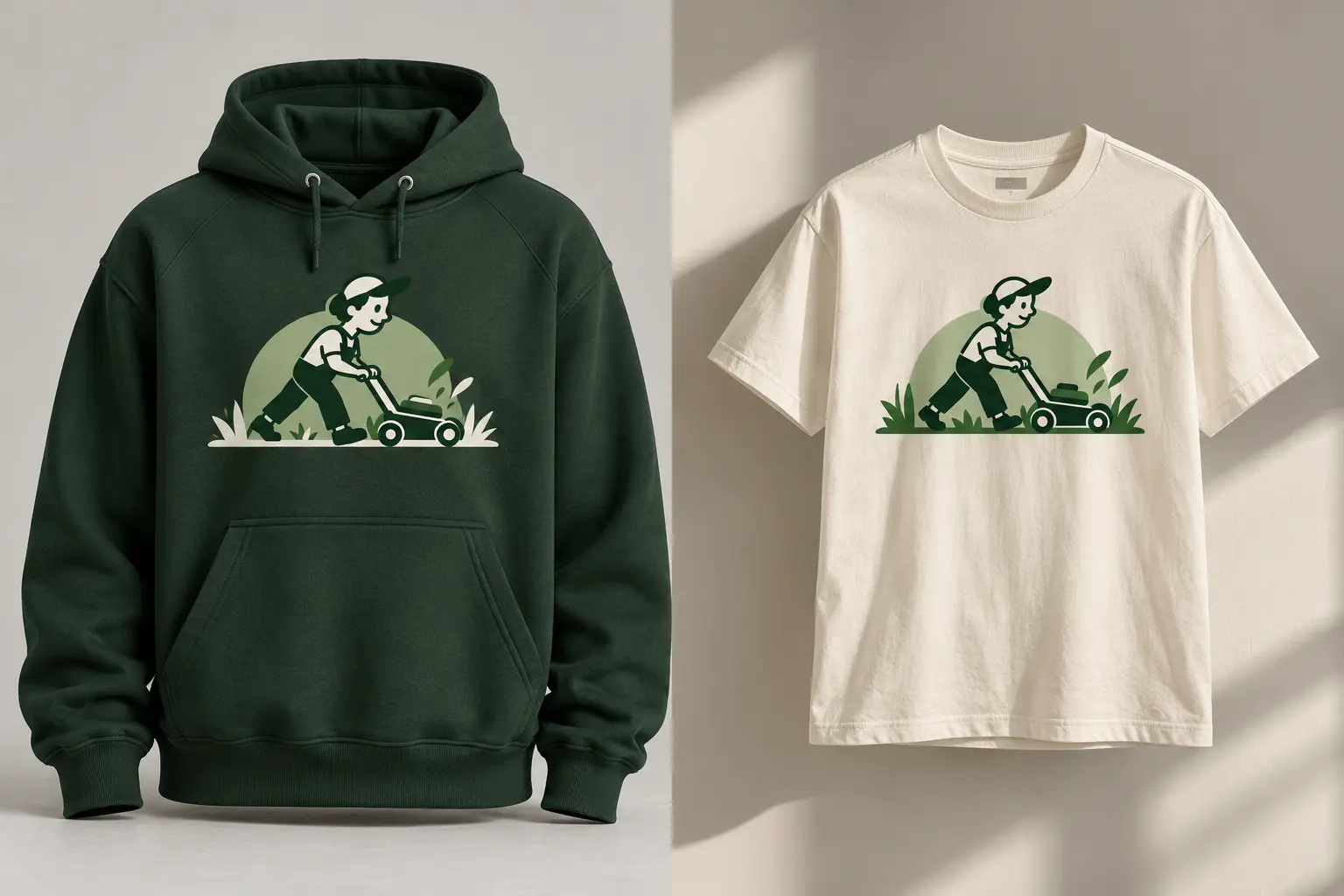 Mockups of a dark green hoodie and a cream T-shirt, each printed with the mower illustration.
