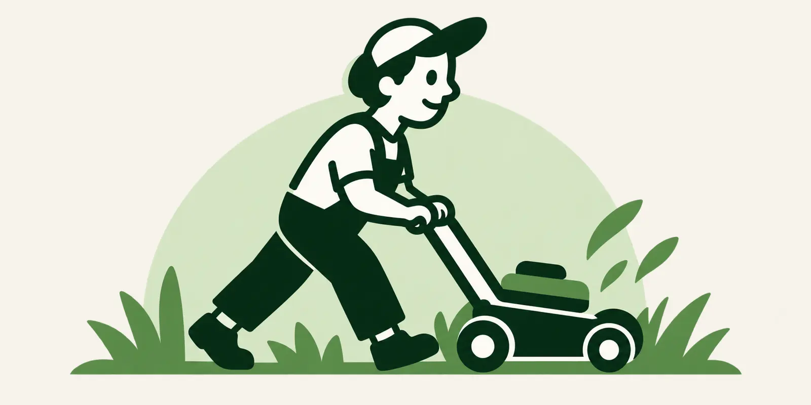 The mower illustration on its own: a boy in overalls and a cap pushing a mower through grass.