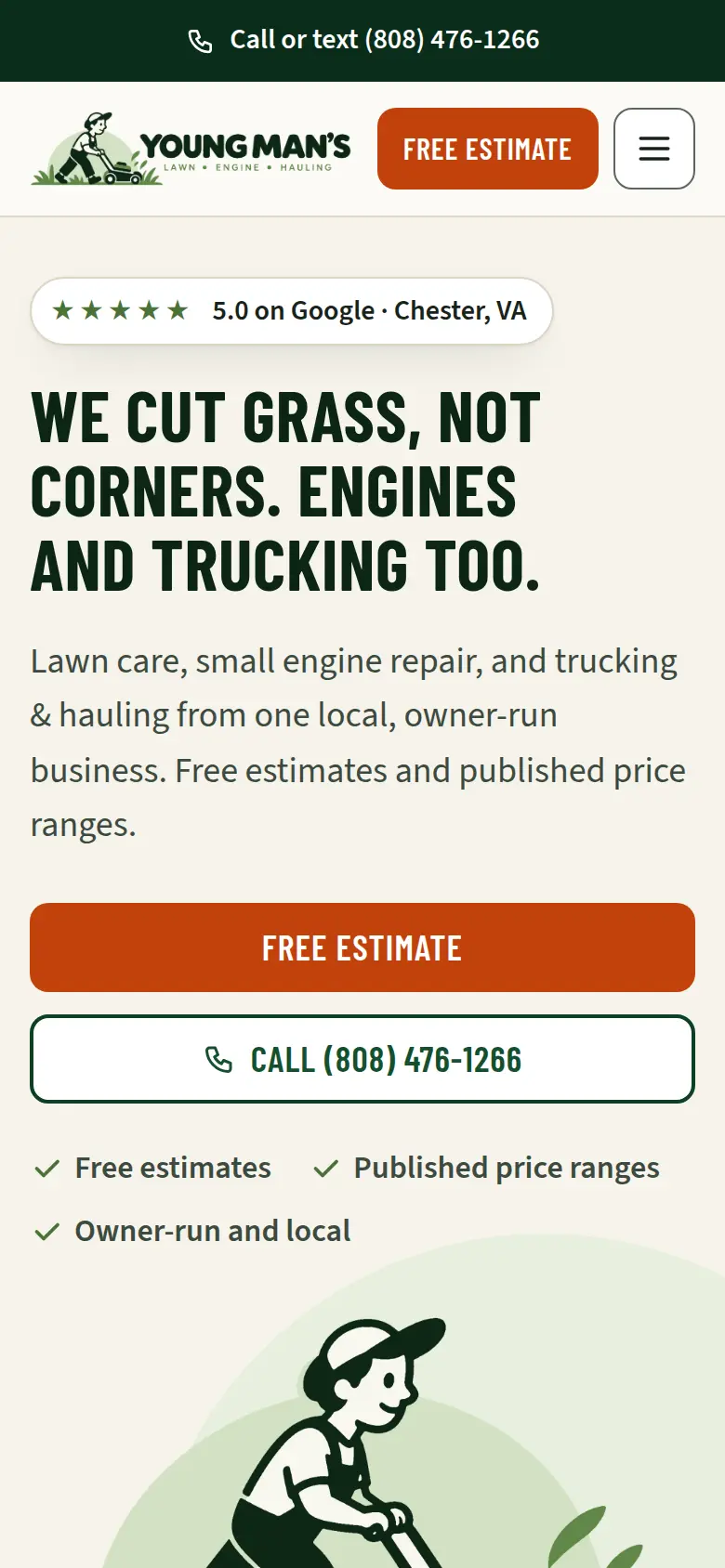 The same home page on a 390 pixel wide phone, with the headline, both buttons and the rating badge above the fold.